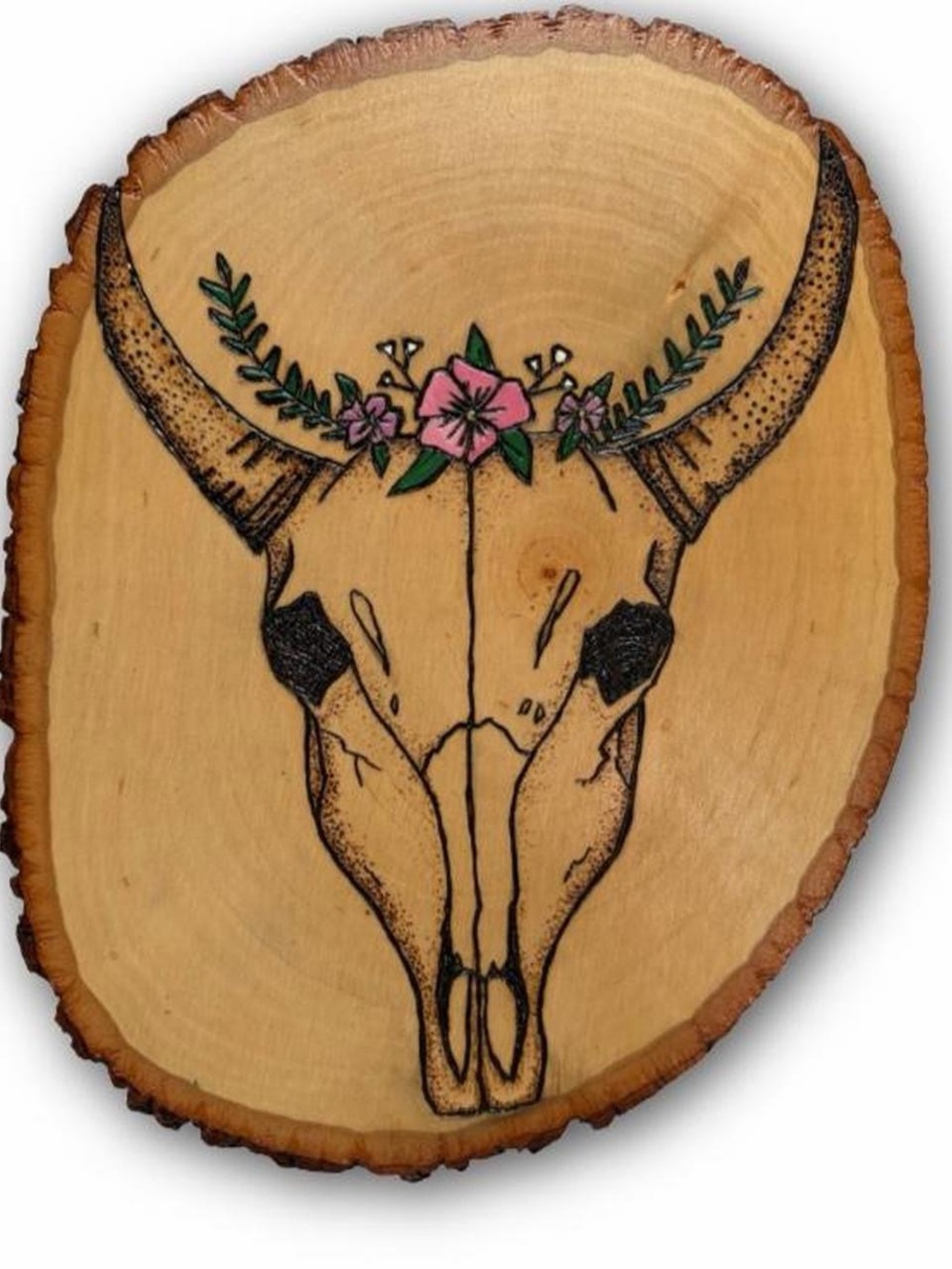Hand-Painted and Burnt Cow Skull Wood Slice Wall Art - Pink Floral Accent